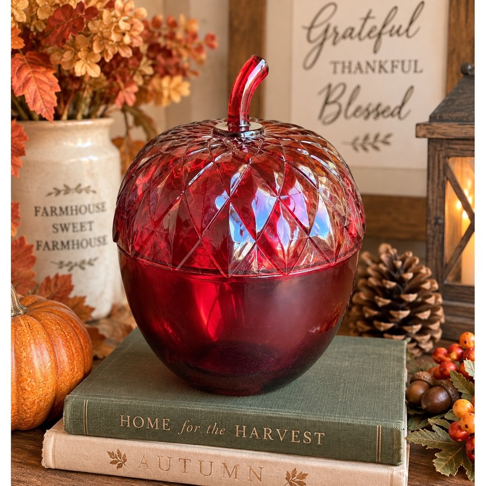 Vintage Amberina Red Glass Acorn Candy Dish Jar With Lid Large Fall Decor